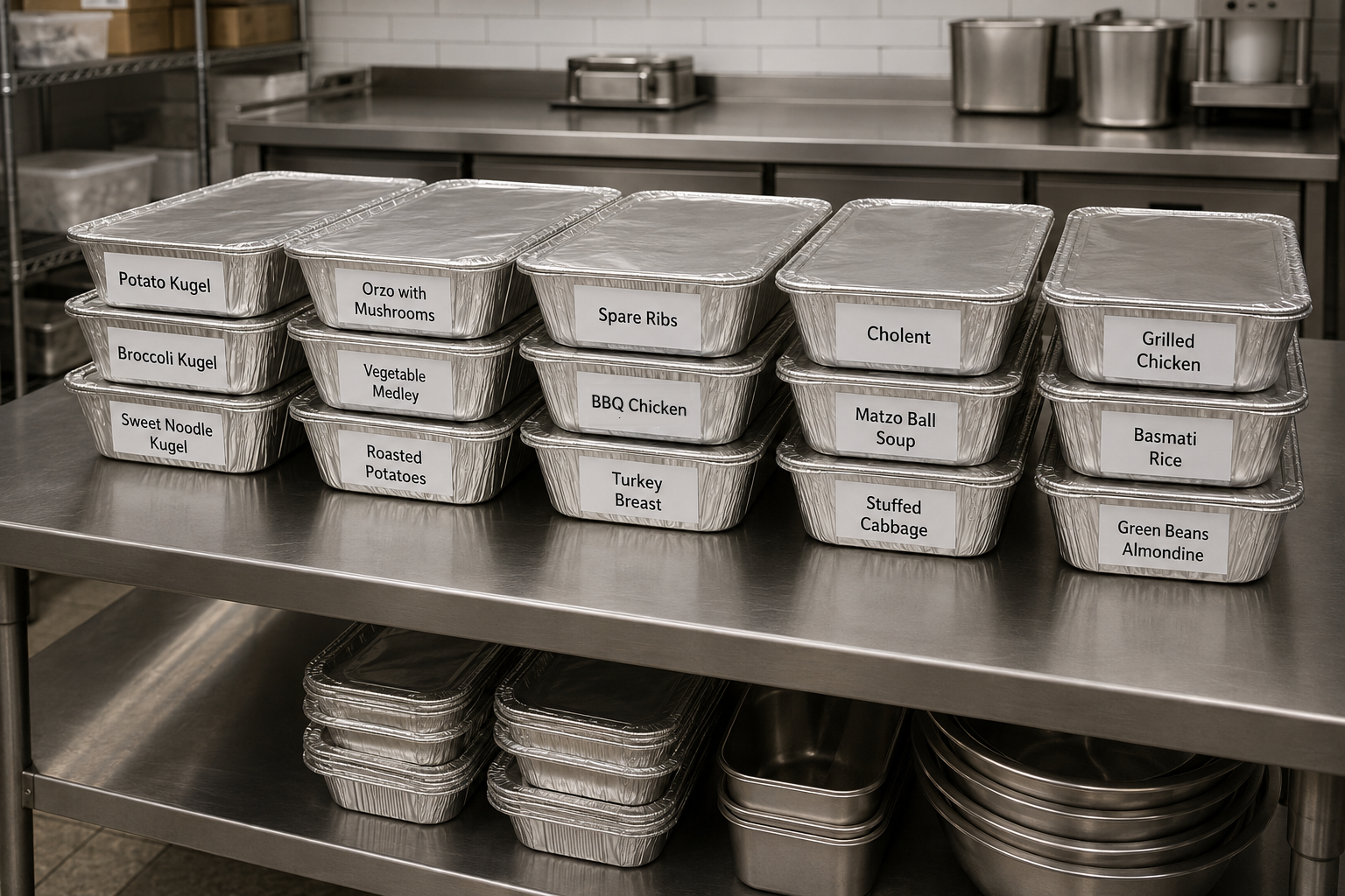 Fork n Ladle orders packed and labeled on a professional prep table
