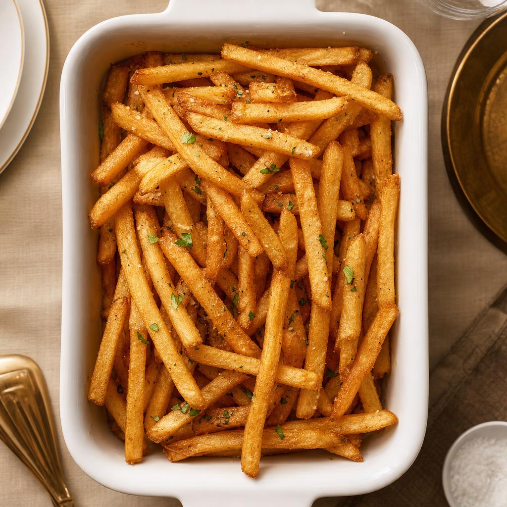 Crispy golden French fries in a full pan