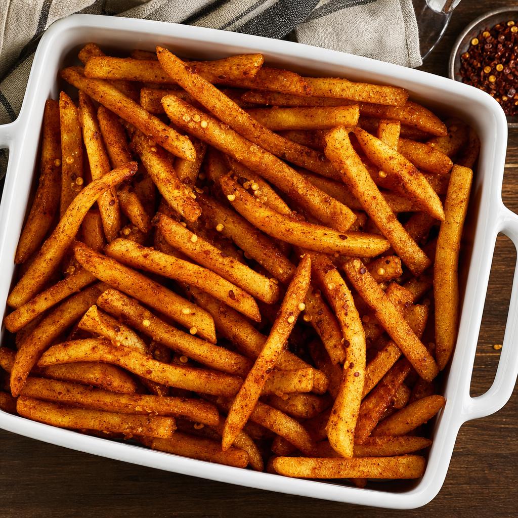 Crispy spicy seasoned fries in a full pan